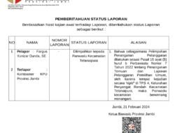 Laporan Caleg DPR RI Letjen TNI (Purn) Agus Suhardi Dilimpahkan ke Panwaslu Kecamatan Telanaipura