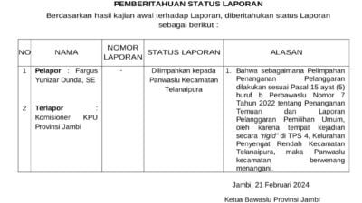 Laporan Caleg DPR RI Letjen TNI (Purn) Agus Suhardi Dilimpahkan ke Panwaslu Kecamatan Telanaipura