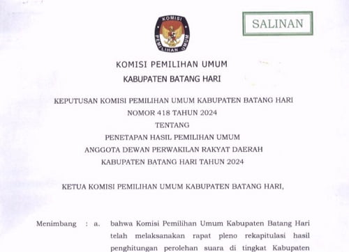 Berikut Penetapan Hasil Perhitungan Suara DPRD Batanghari di Pemilu 2024