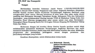 Pemprov Jambi Keluarkan Penegasan Soal Angkutan Batubara Dilarang Lewat Jalan Umum: Nekat Akan Ditindak